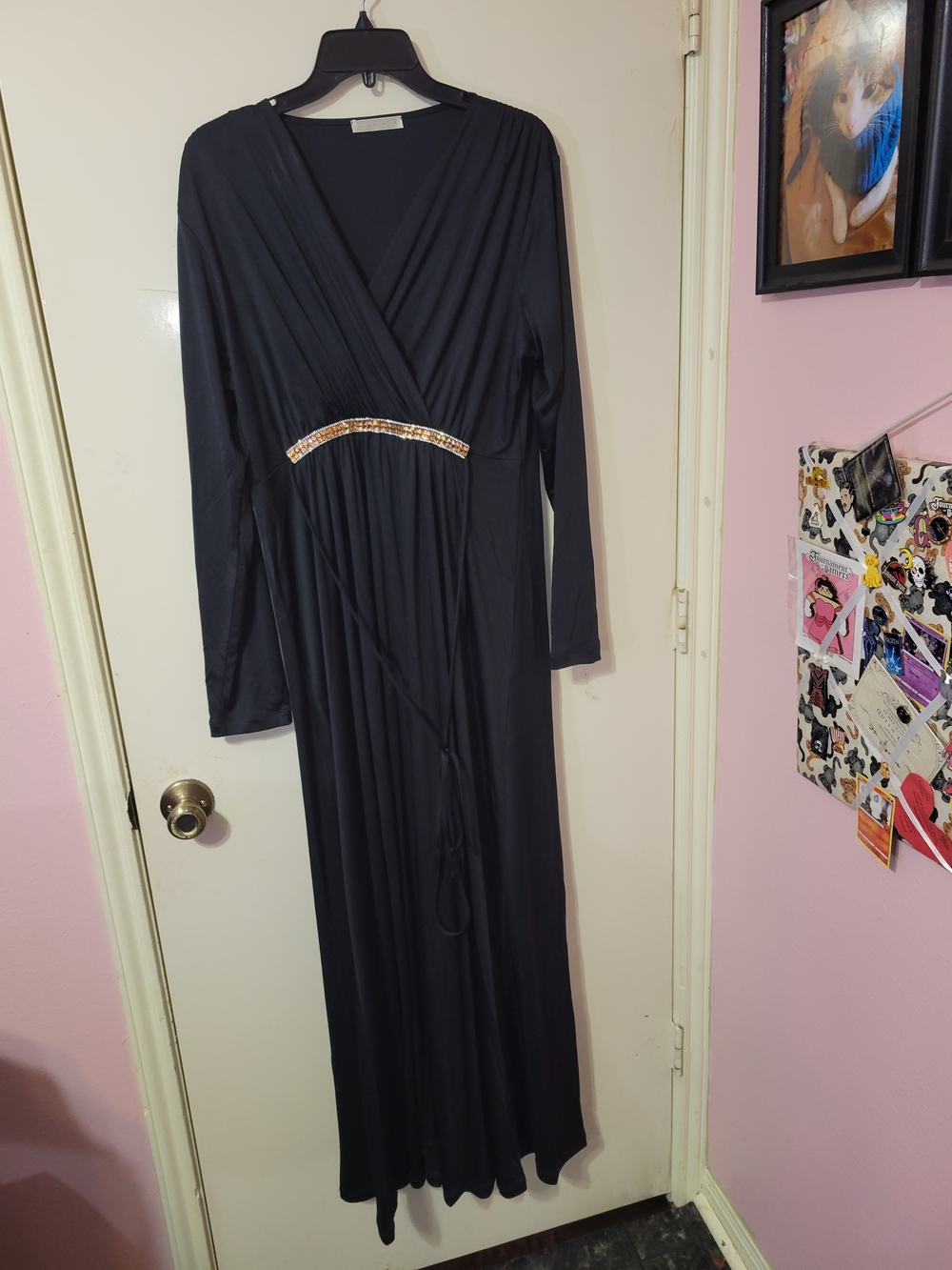 Worthington Black Long-Sleeve Maxi Dress with Gold Waist Detail